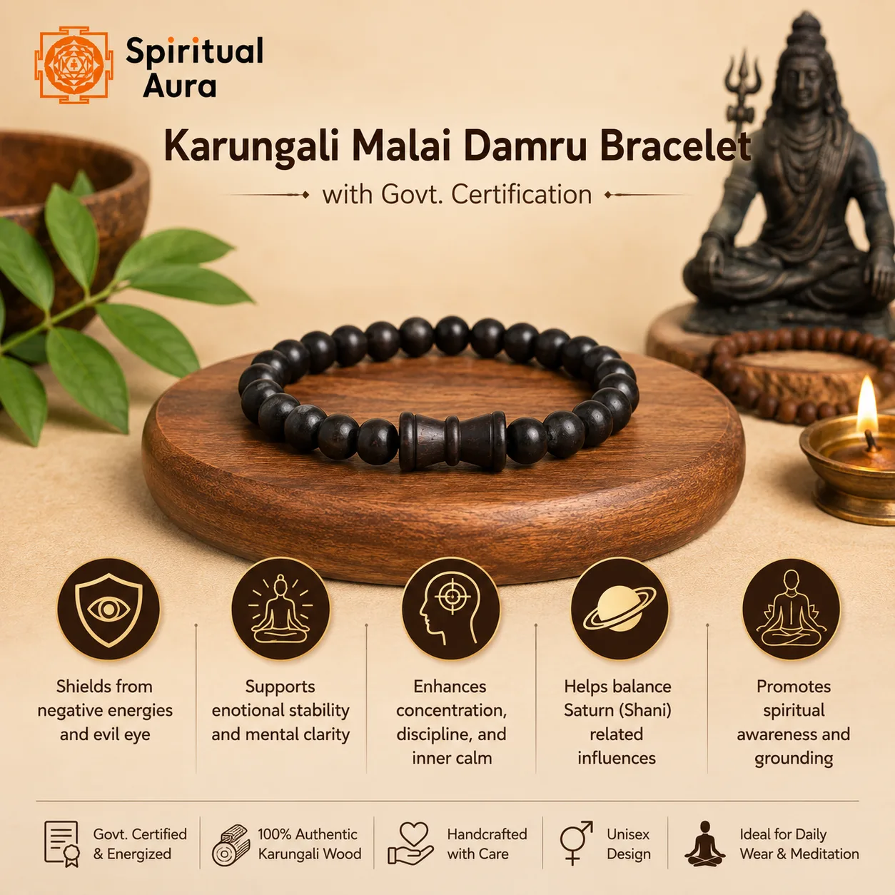 Karungali Malai Damru Bracelet with Govt. Certification - Image 2