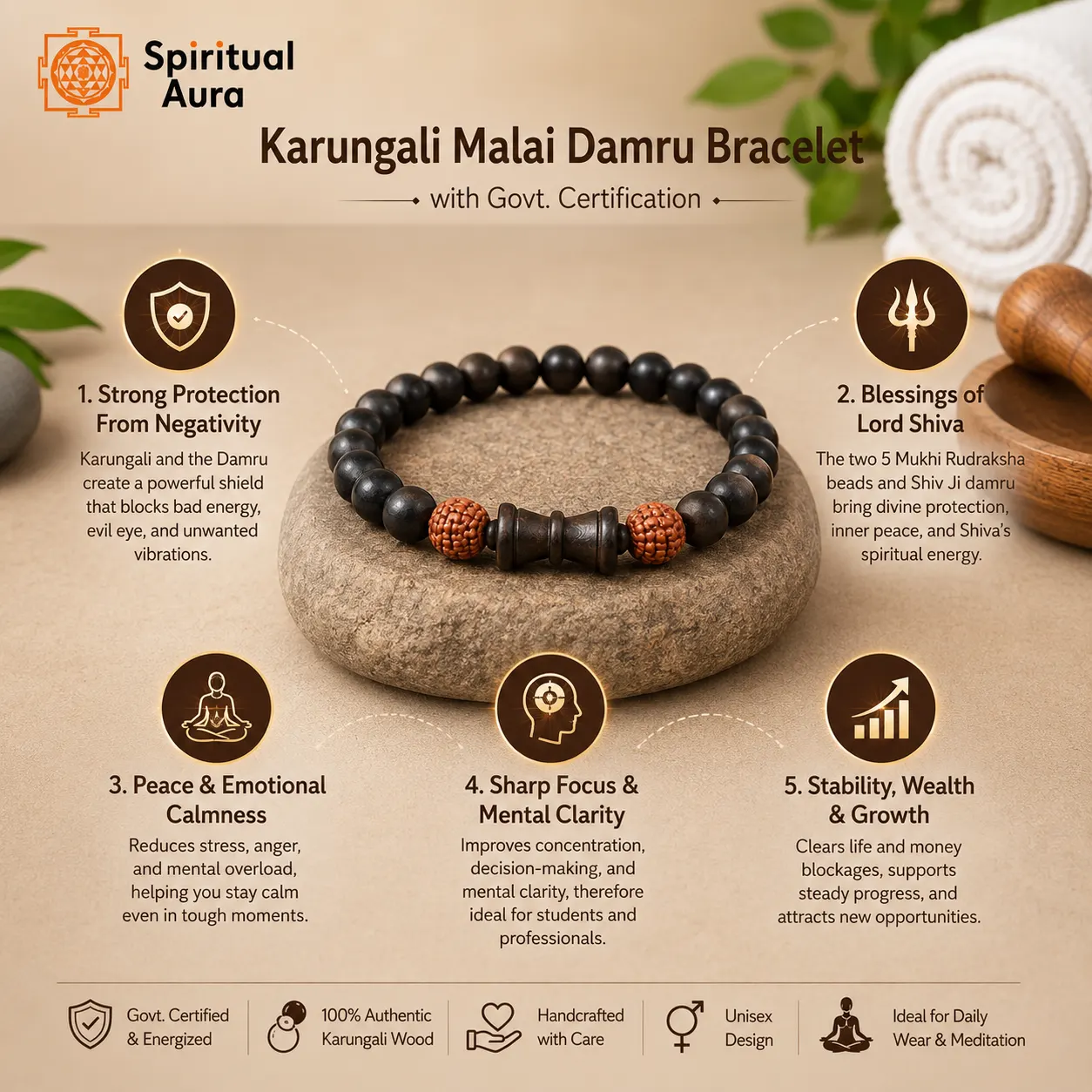 Karungali Rudraksha Damru Bracelet | Govt. Certification - Image 2
