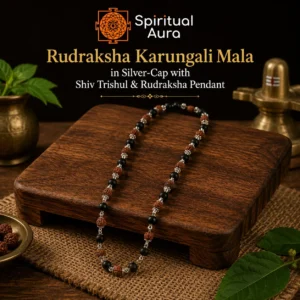 Rudraksha Karungali Mala in Silver-Cap with Shiv Trishul & Rudraksha Pendant 74 Beads
