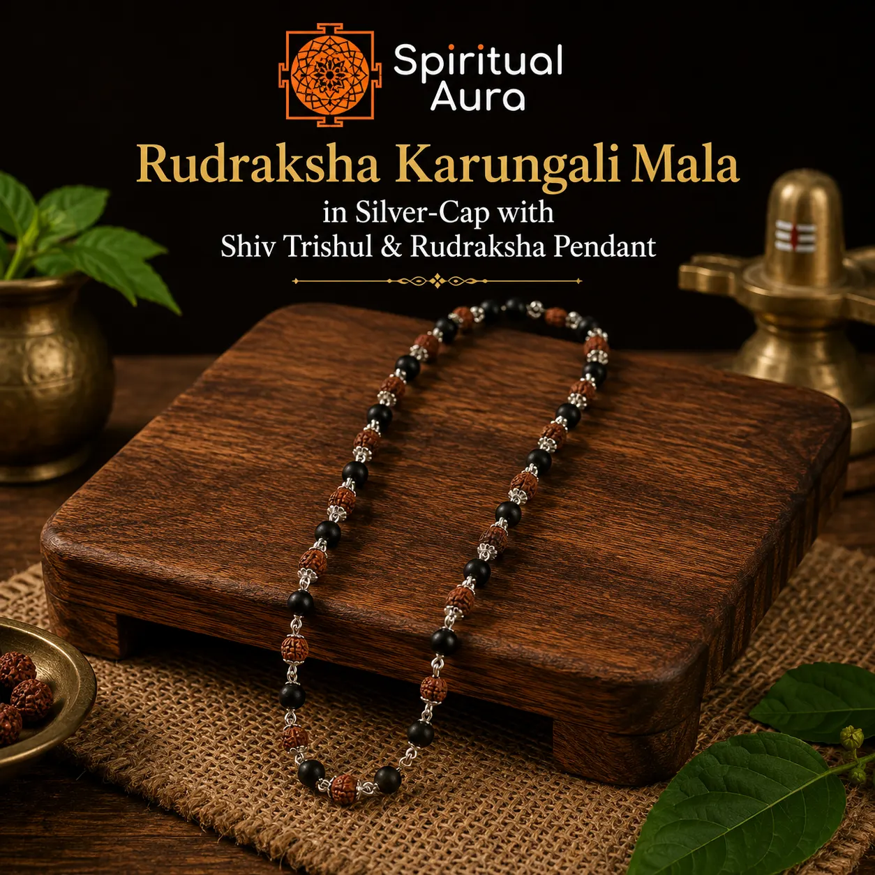 Rudraksha Karungali Mala in Silver-Cap with Shiv Trishul & Rudraksha Pendant 74 Beads
