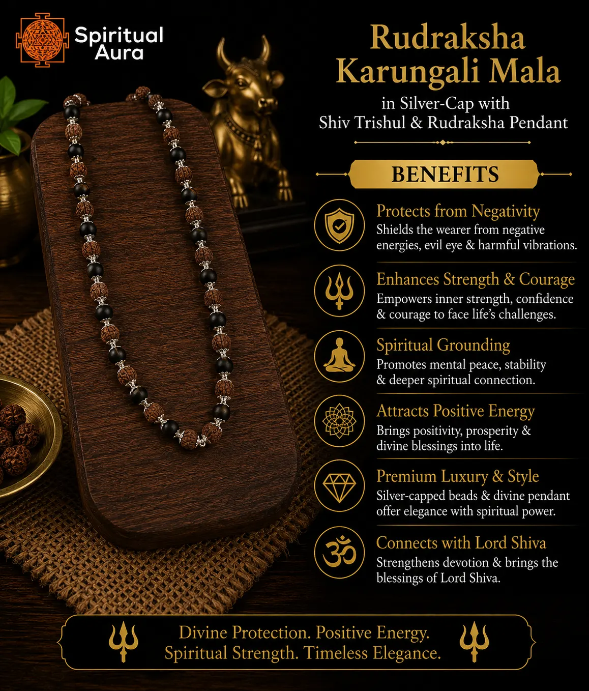 Rudraksha Karungali Mala in Silver-Cap with Shiv Trishul & Rudraksha Pendant 74 Beads - Image 2
