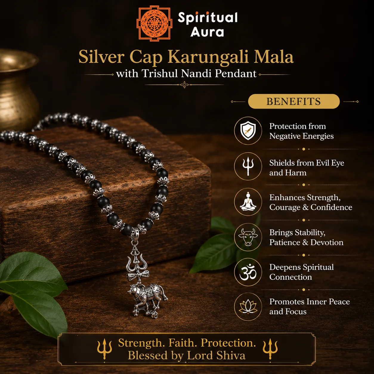 Silver Cap Karungali Mala with Trishul Nandi Pendant 74 Beads - Image 2