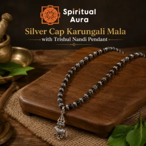 Silver Cap Karungali Mala with Trishul Nandi Pendant 74 Beads