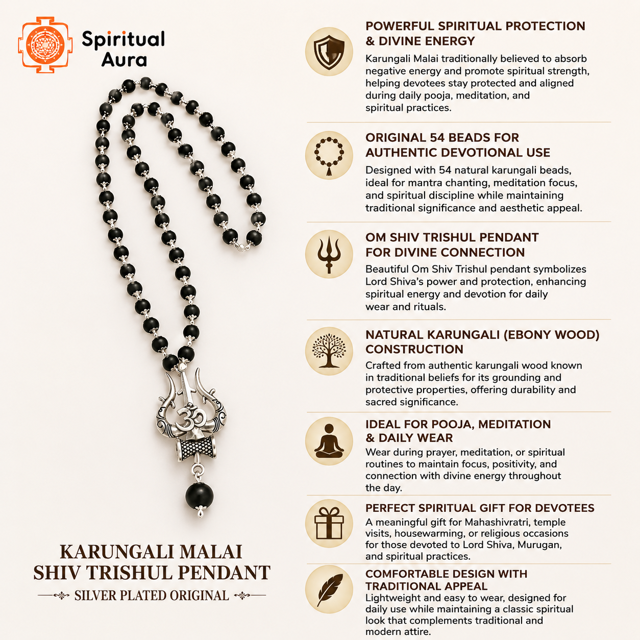 Original Karungali Malai with Om Shiv Trishul Silver-Plated Pendant - Image 2